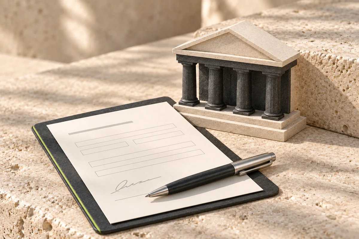 A sculptural bank building sits behind an illustrative account-opening form and pen on warm stone.