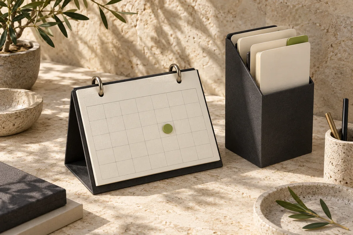 An ivory desk calendar and charcoal task-file organiser on sunlit limestone, with restrained green markers.