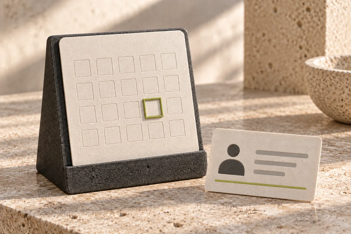 A charcoal desk calendar with one green-outlined square stands beside a symbolic ivory identity card.