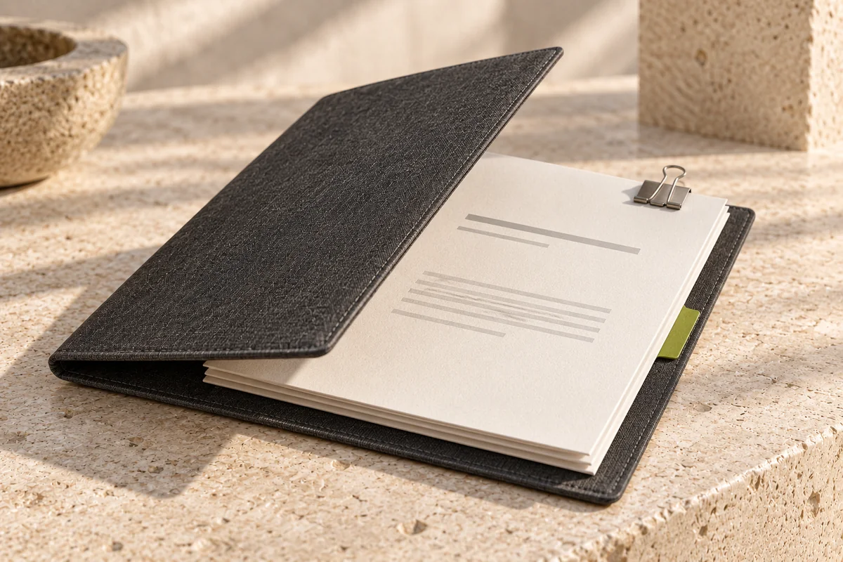 An ivory application pack with a metal clip and lime divider rests on a charcoal linen folio.