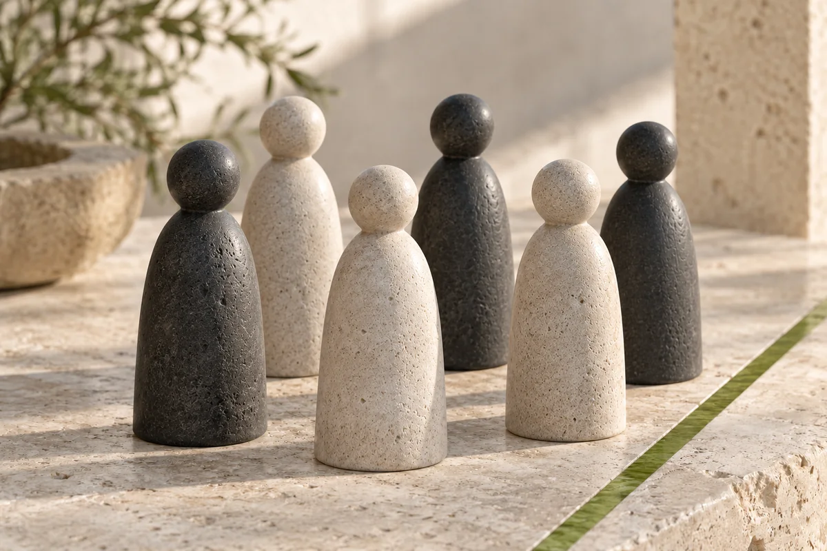 Charcoal and ivory sculptural figures arranged as a team on sunlit stone, beside a fine green line.