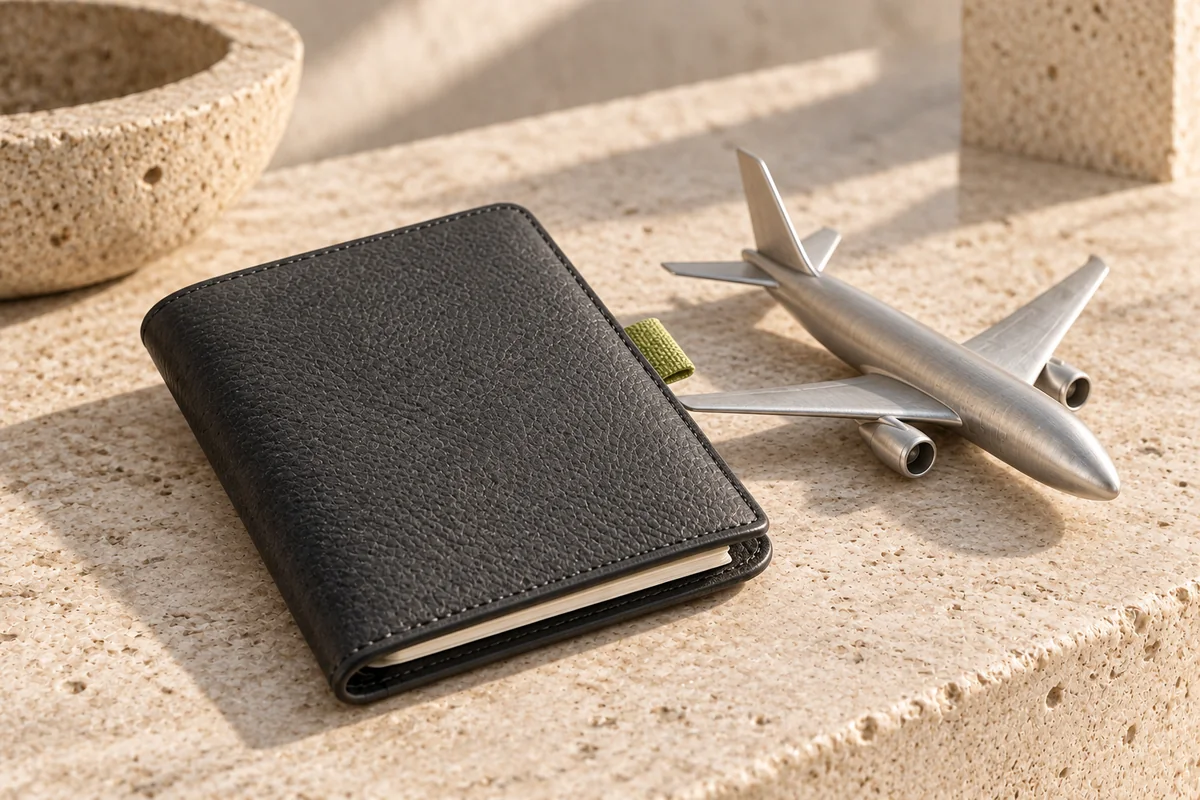 A charcoal travel wallet with a lime tab lies beside a brushed-metal airplane sculpture.