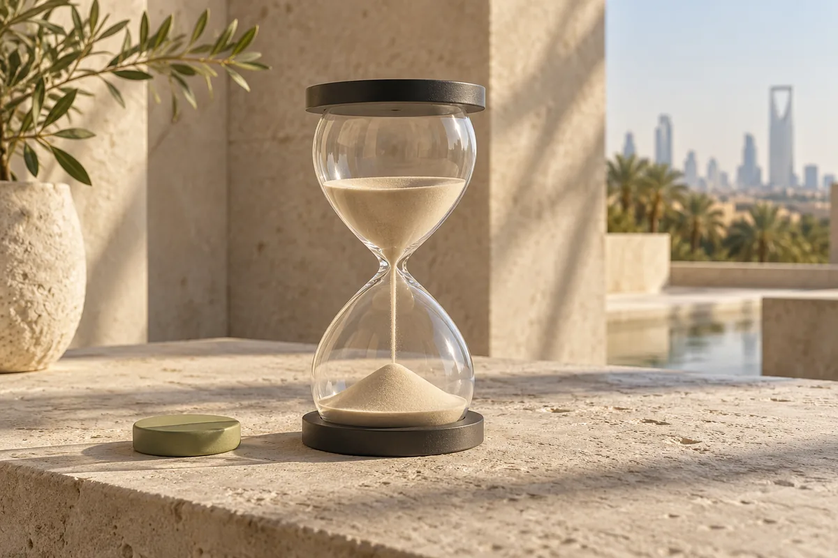 A charcoal-capped hourglass on warm limestone.
